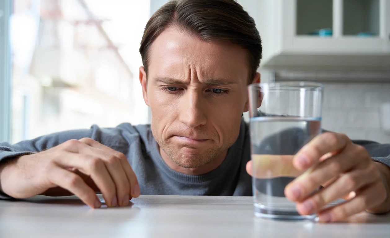 Мужчина сидит за столом и держит стакан в руках
